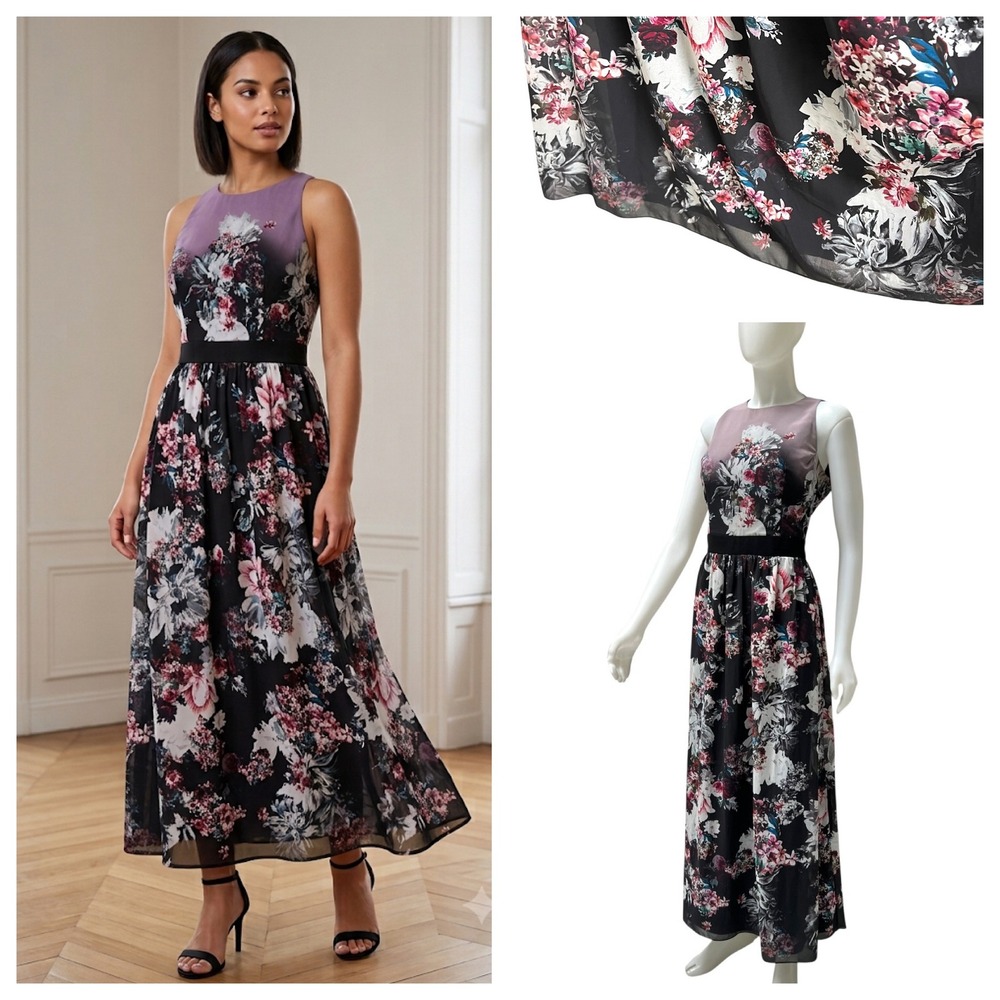 Little Mistress London Floral Maxi Dress Sz 12 Chiffon Dark Moody Gothic Gown